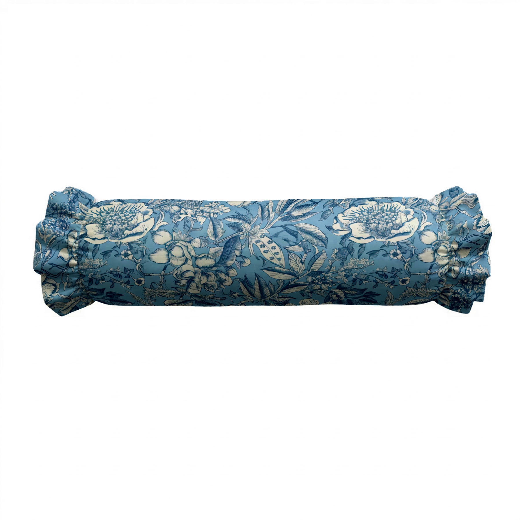 Rolled-up fabric with blue floral pattern on a white background