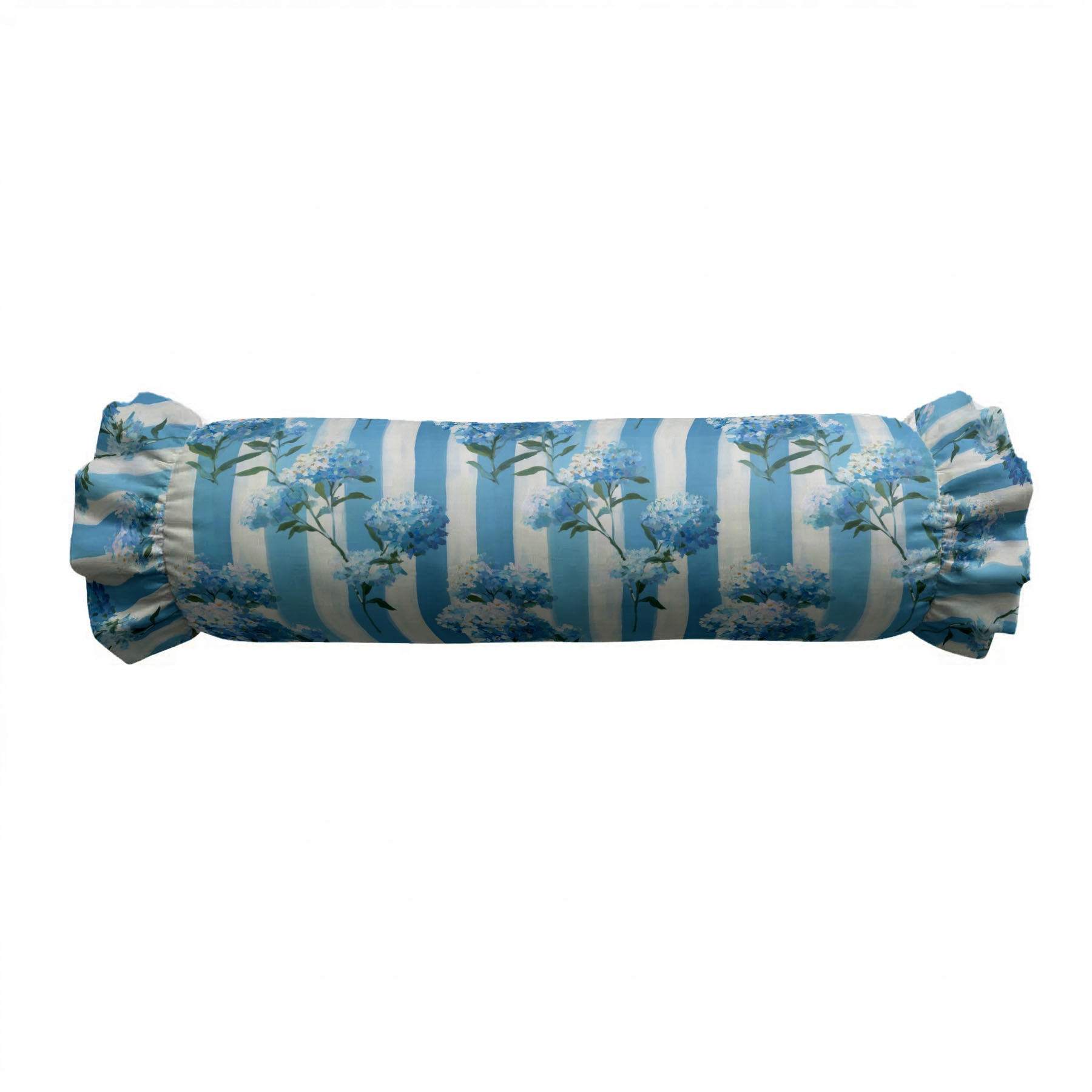 Rolled-up fabric with blue and white striped pattern on a white background