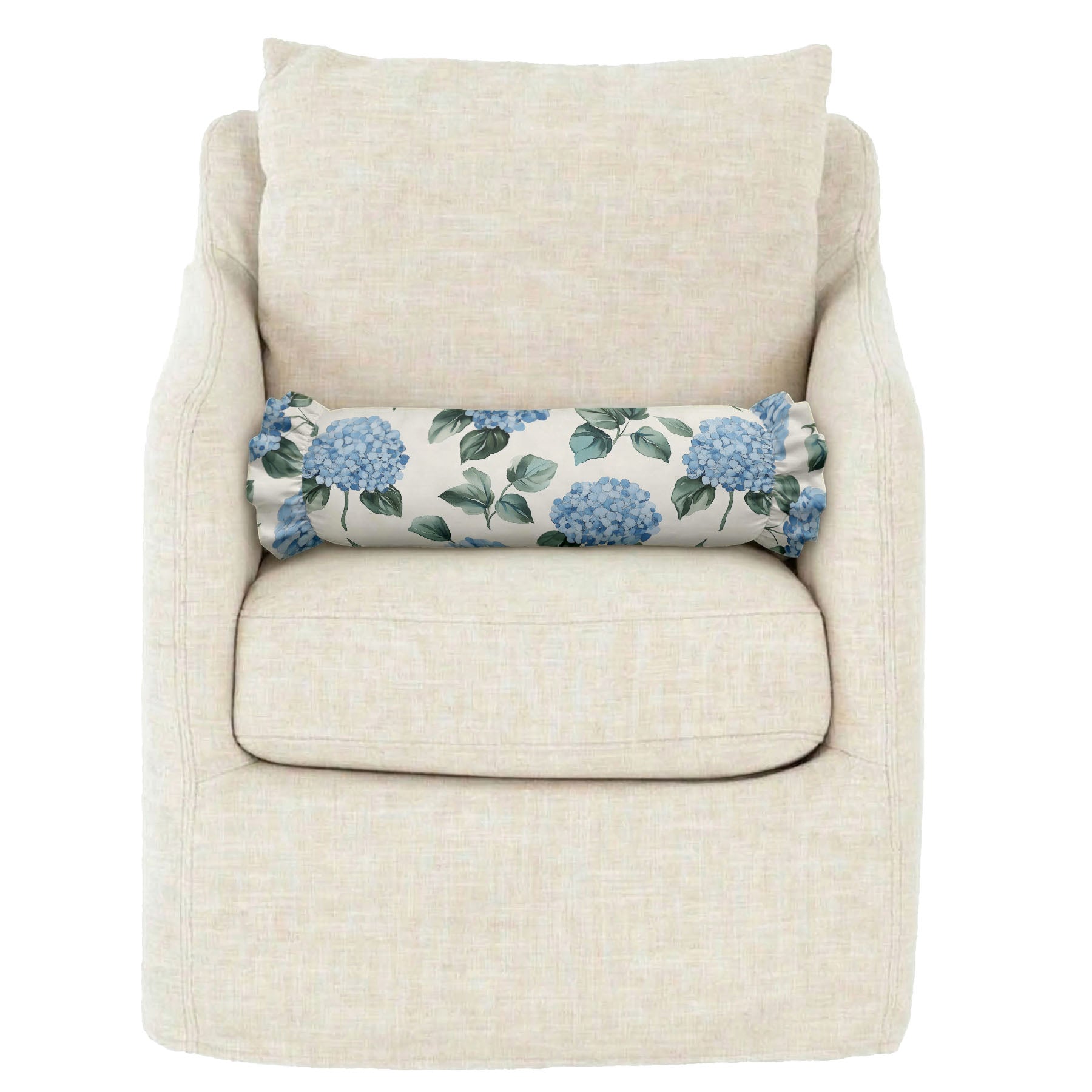 Beige armchair with a floral-patterned pillow on a white background