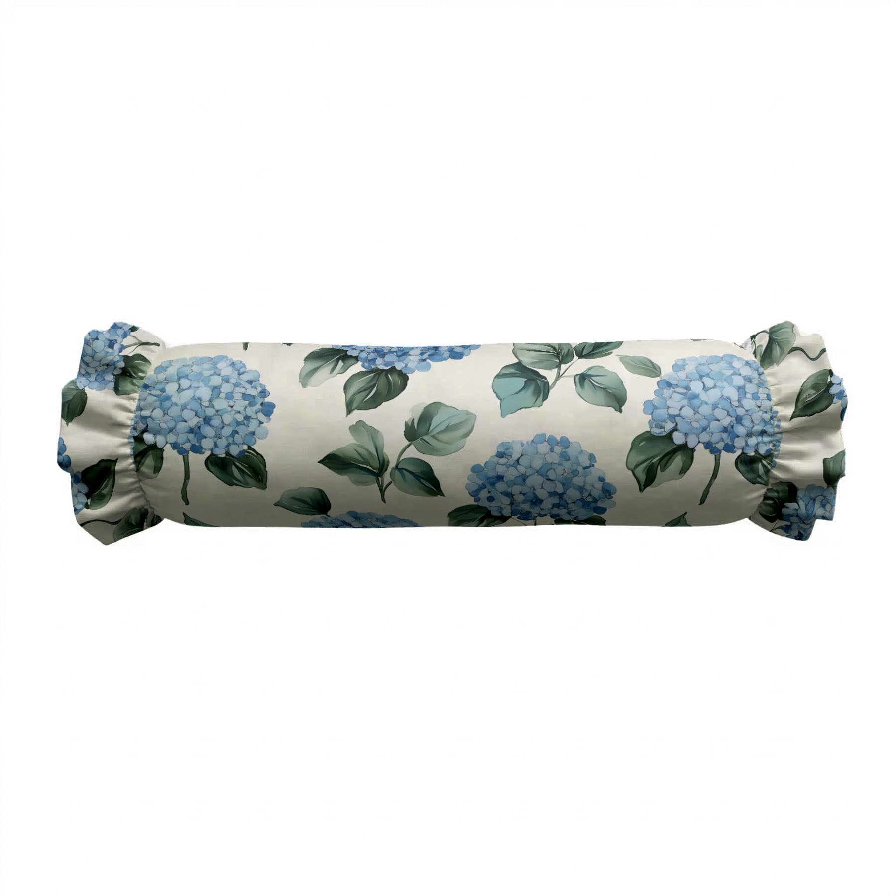 Roll-shaped pillow with blue floral pattern on a white background