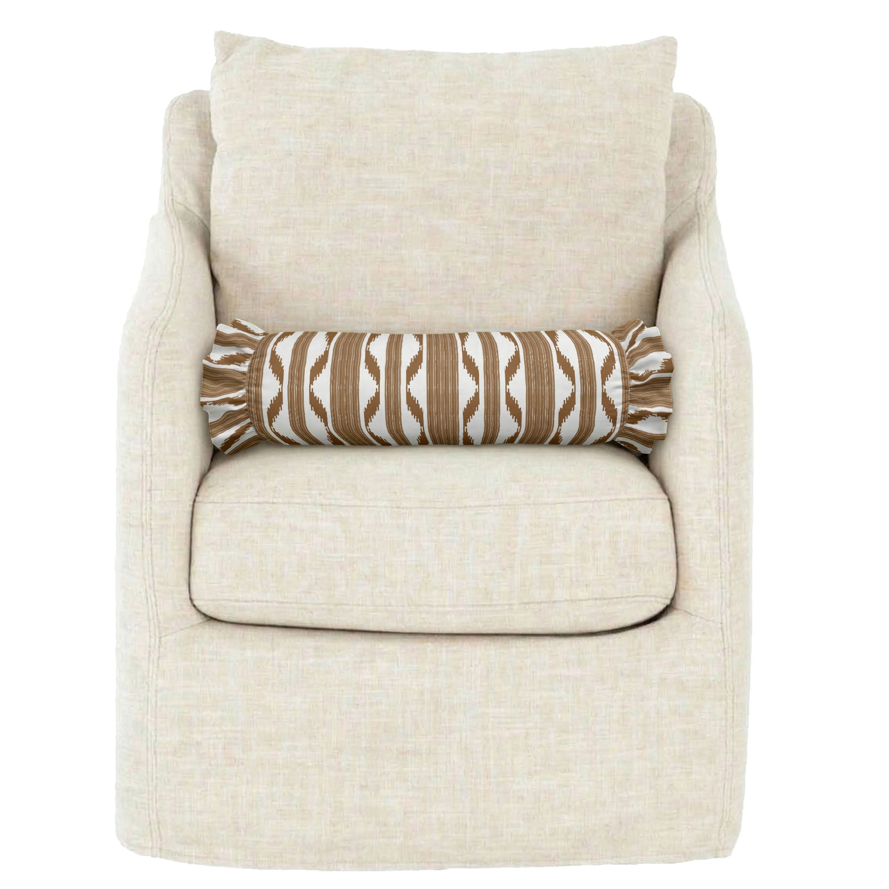 Beige armchair with a decorative pillow on a white background