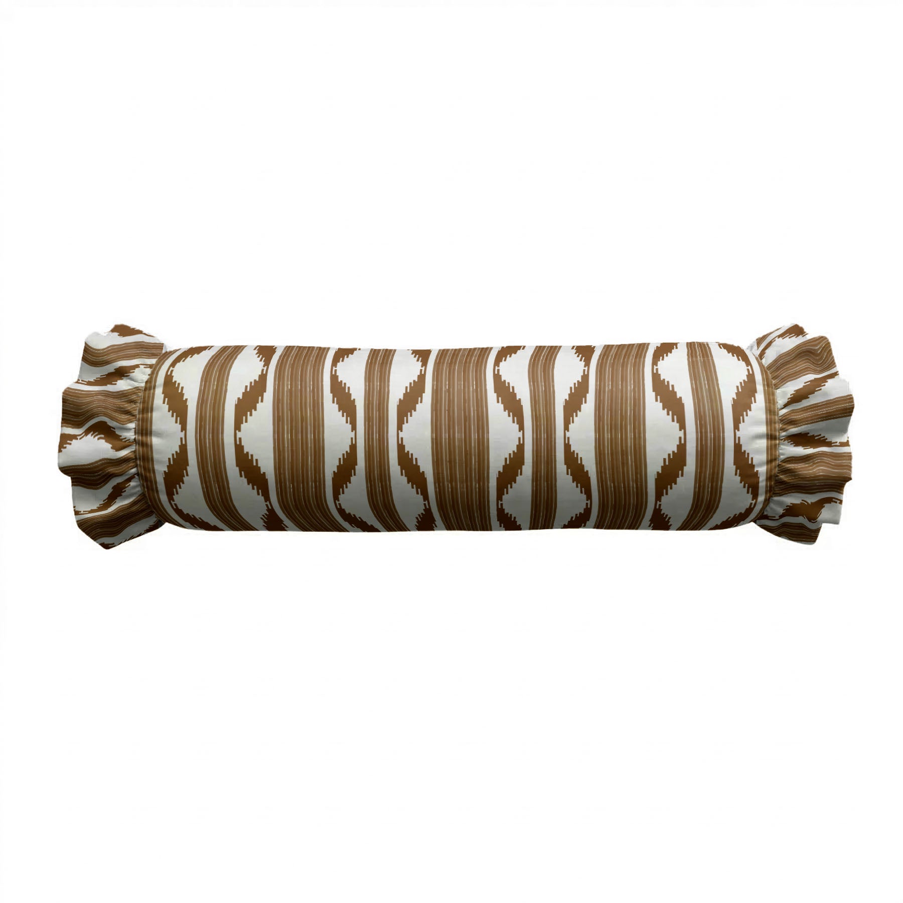 Striped cylindrical pillow with brown and white pattern on a white background
