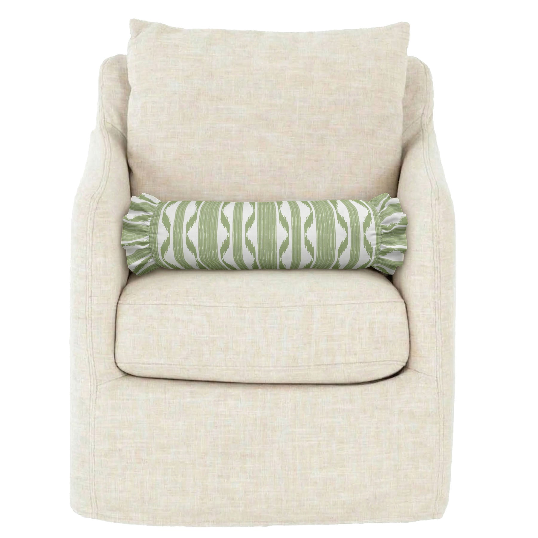 Beige armchair with a green and white patterned cylindrical pillow on a white background