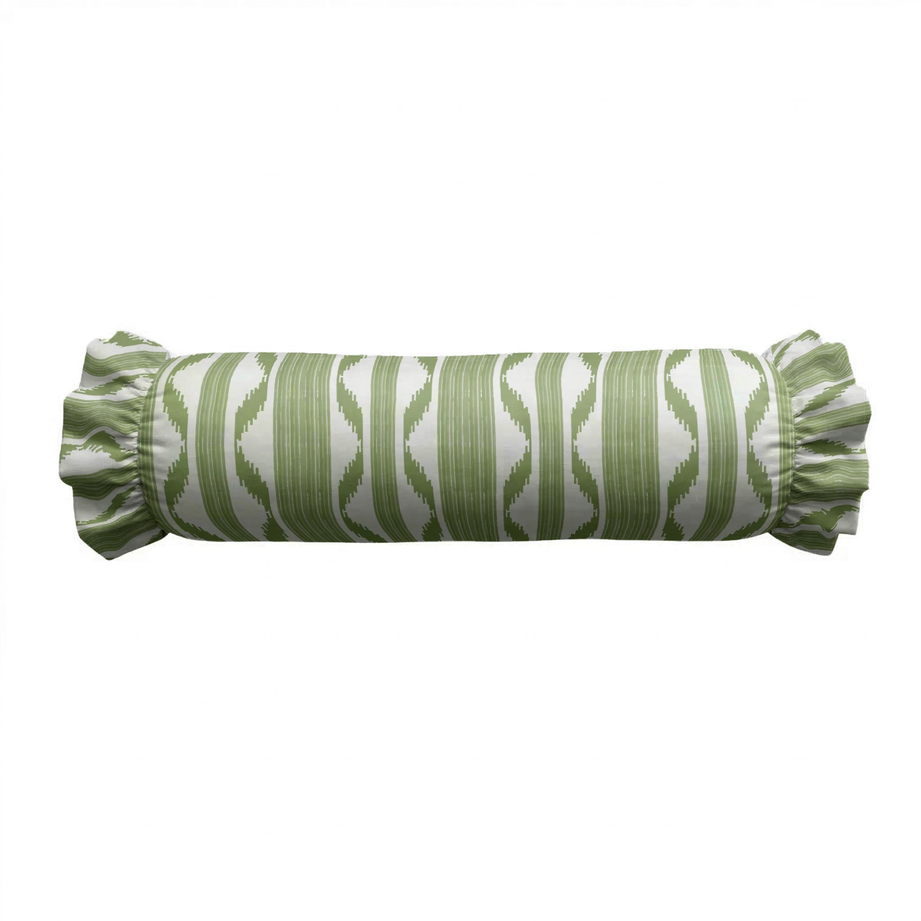 Decorative cylindrical pillow with a green and white pattern on a white background