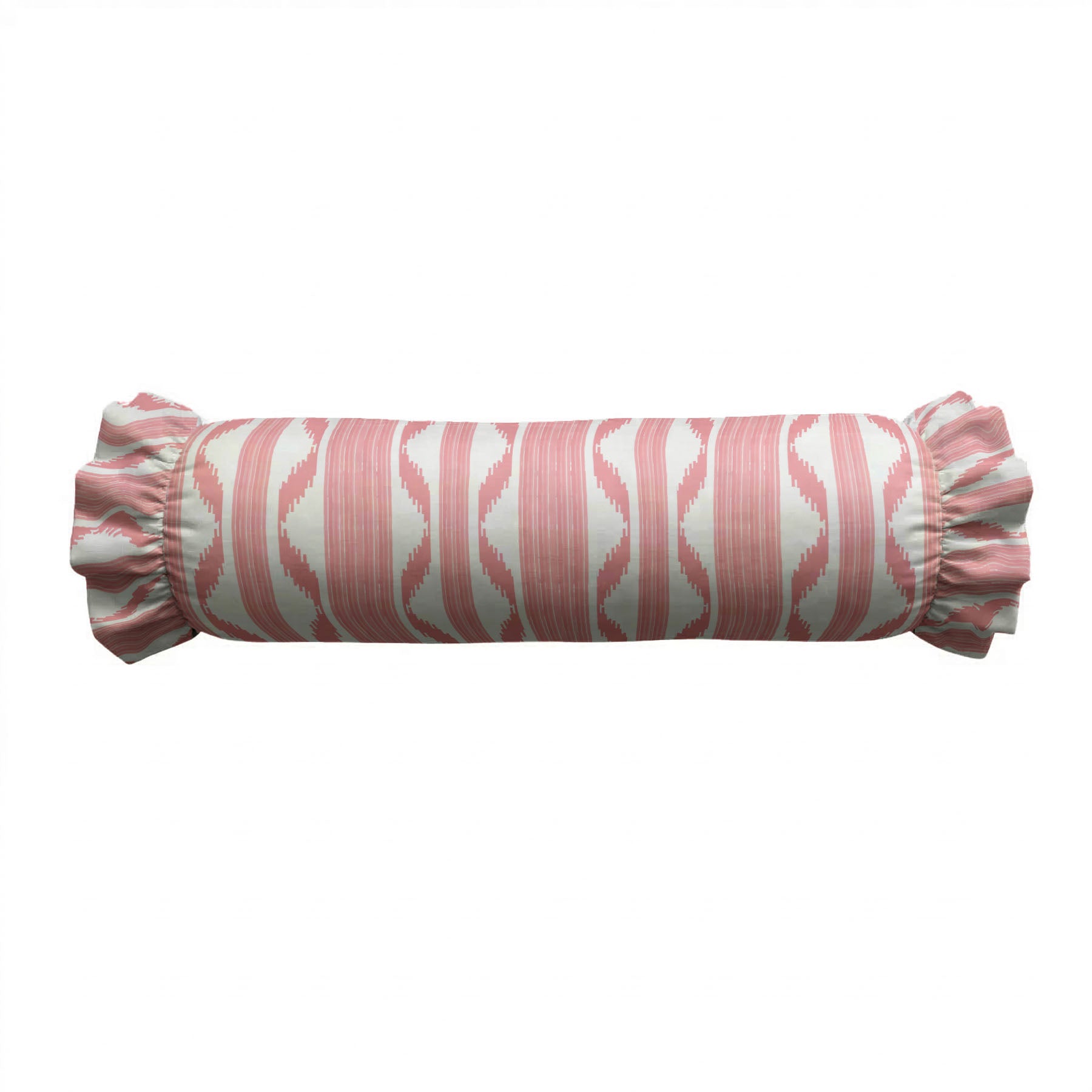 Decorative cylindrical pillow with a pink and white pattern on a white background