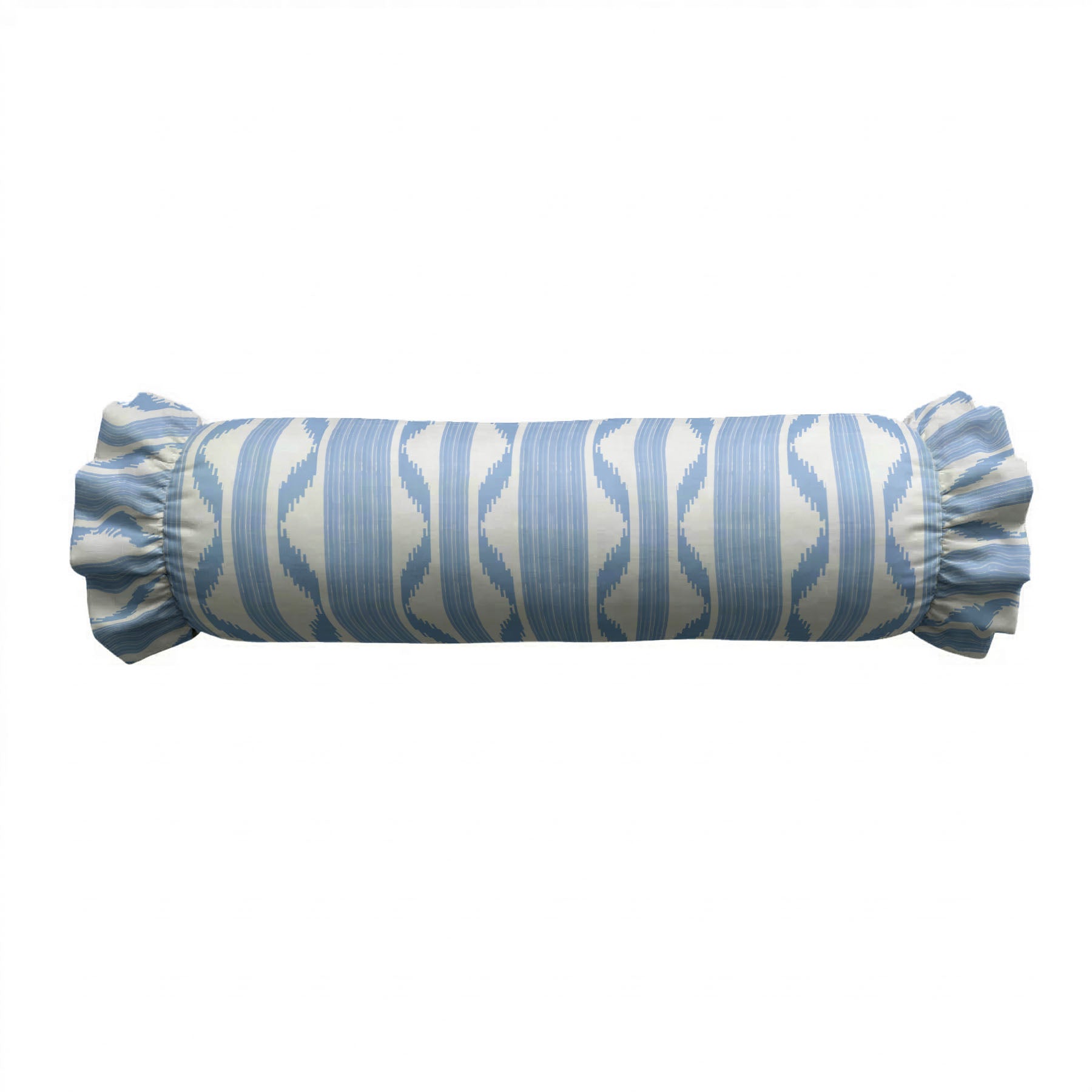 Decorative cylindrical pillow with a blue and white pattern on a white background