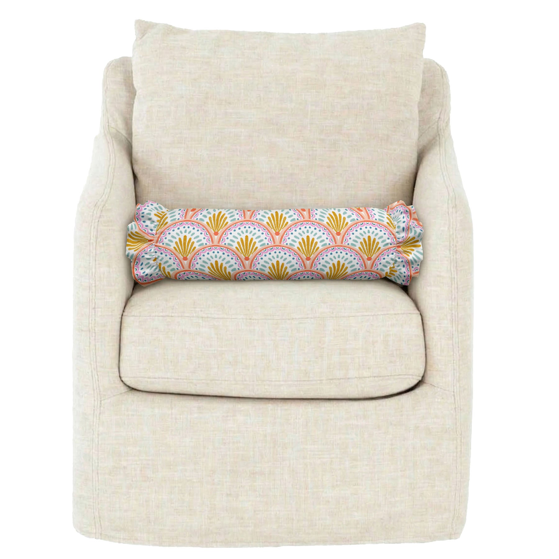 Beige armchair with a colorful patterned pillow on a white background