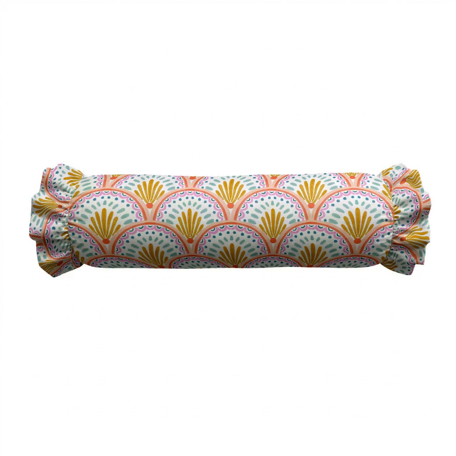 Decorative cylindrical pillow with a colorful geometric pattern on a white background