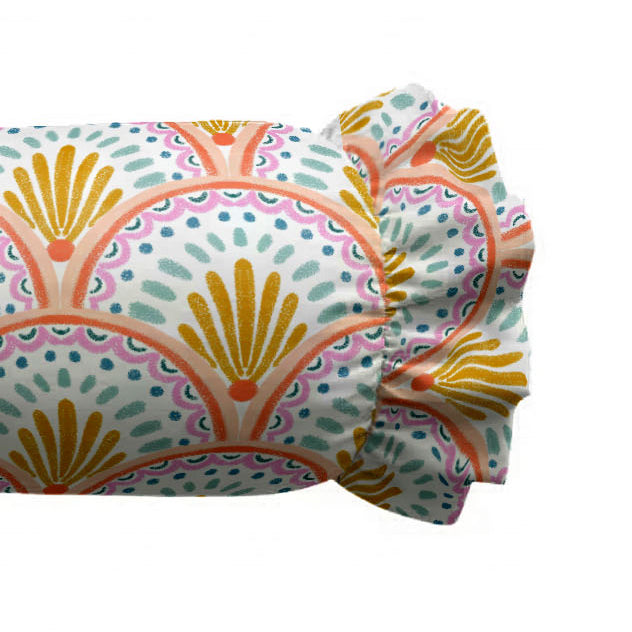 Folded fabric with colorful geometric pattern on a white background