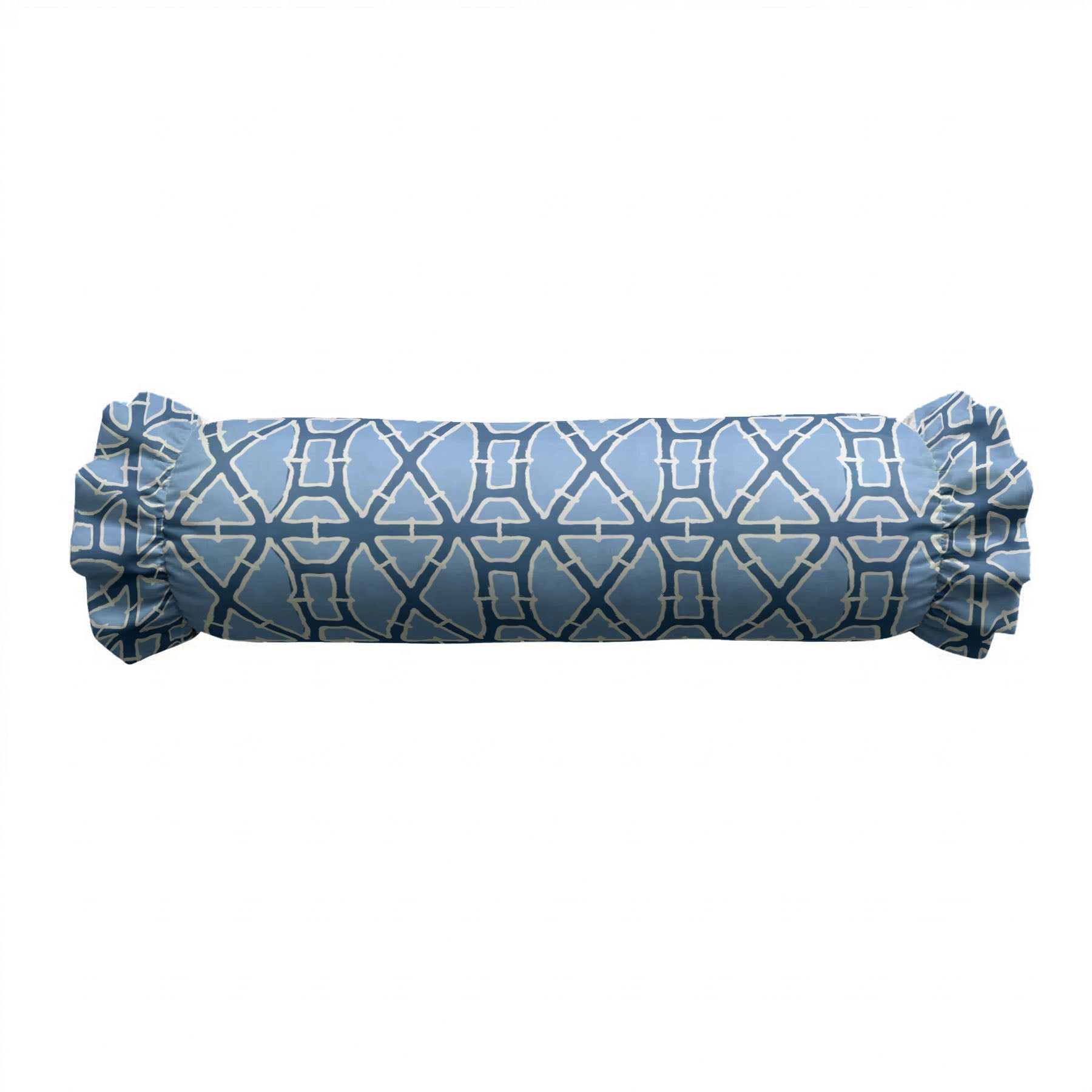 Blue patterned cylindrical pillow on a white background