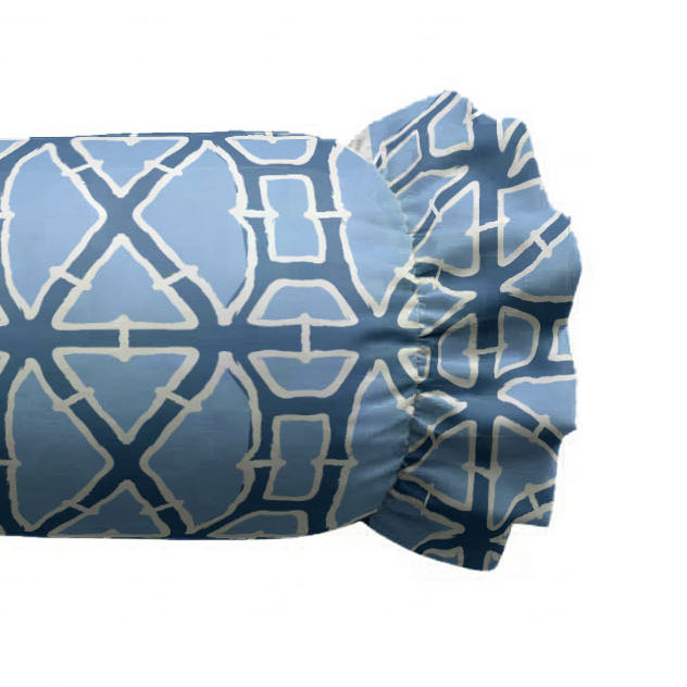 Blue geometric patterned fitted sheet on a white background