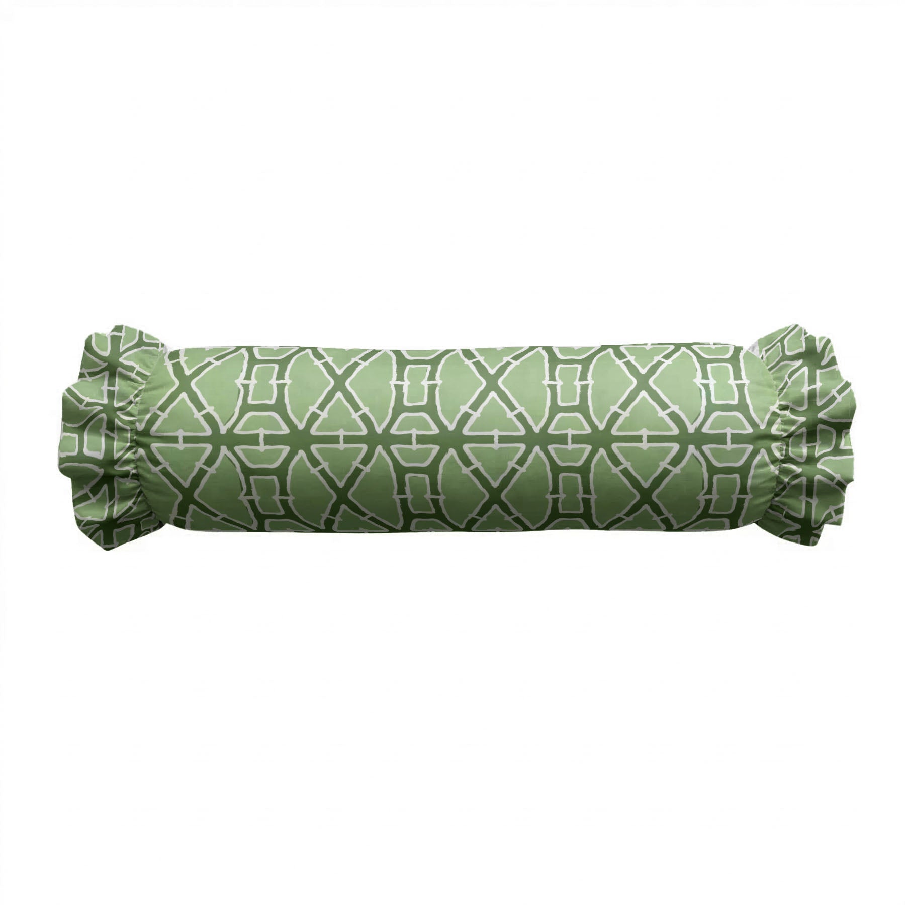 Green patterned cylindrical pillow on a white background