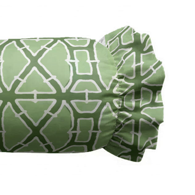 Green and white patterned fitted sheet on a white background