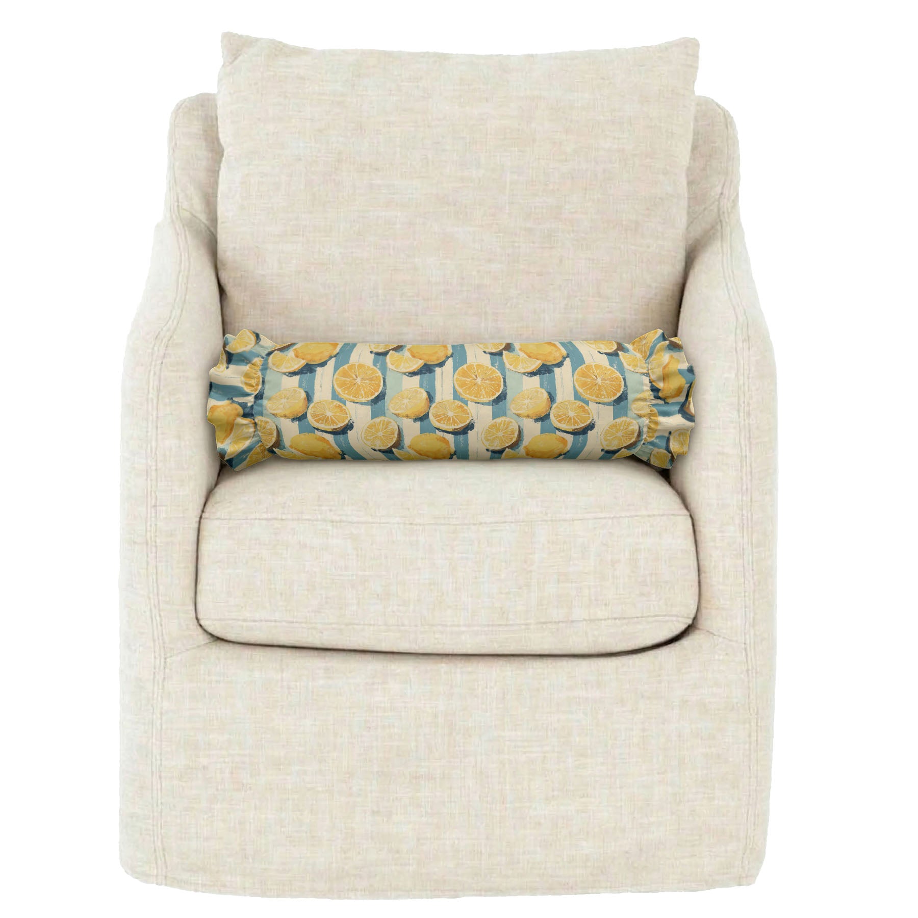 Beige armchair with a decorative cylindrical pillow featuring yellow patterns on a white background