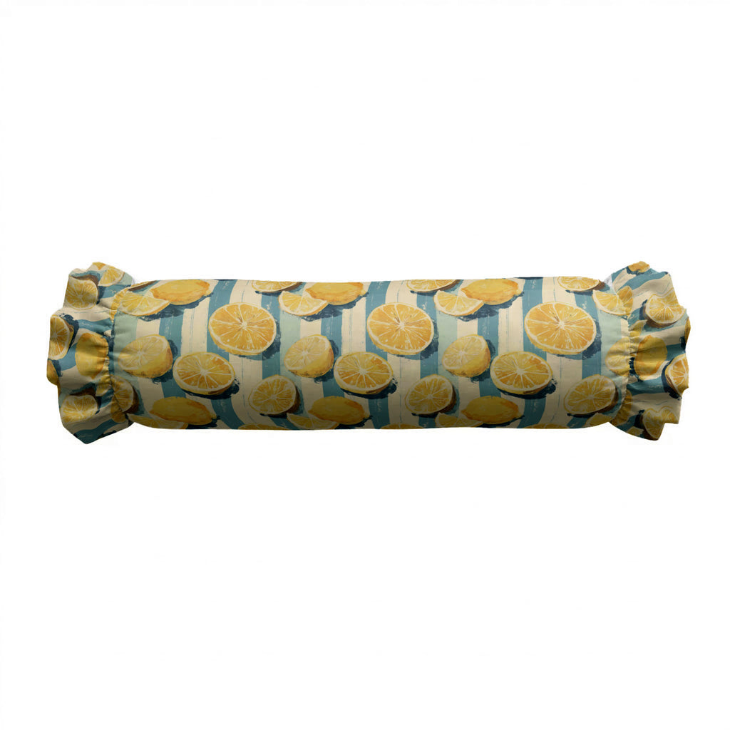 Roll-shaped pillow with lemon pattern on a white background