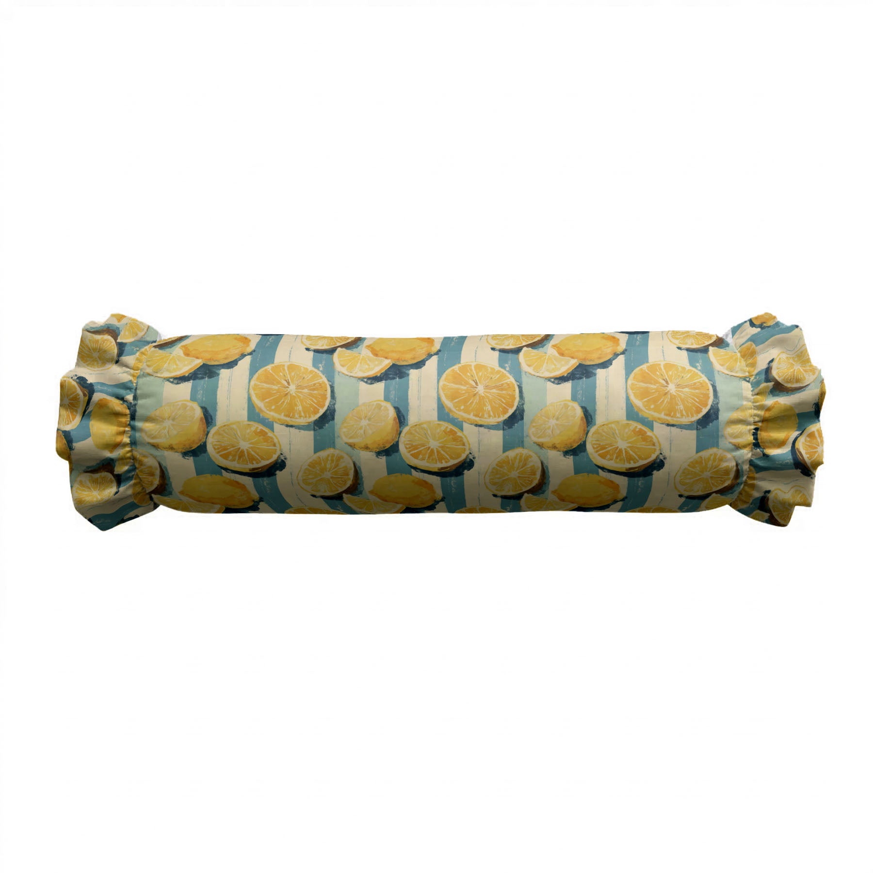 Roll-shaped pillow with lemon pattern on a white background