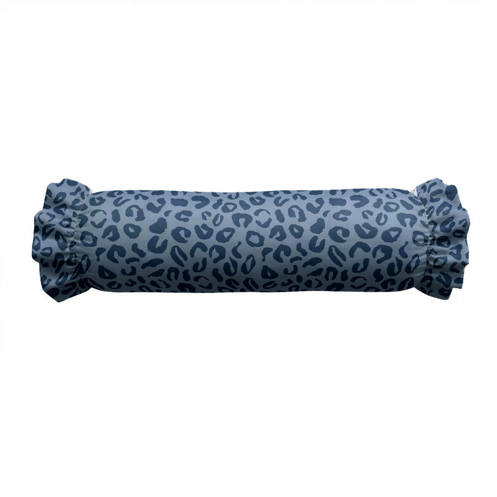 Blue cylindrical pillow with leopard print pattern on a white background