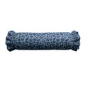 Blue cylindrical pillow with leopard print pattern on a white background