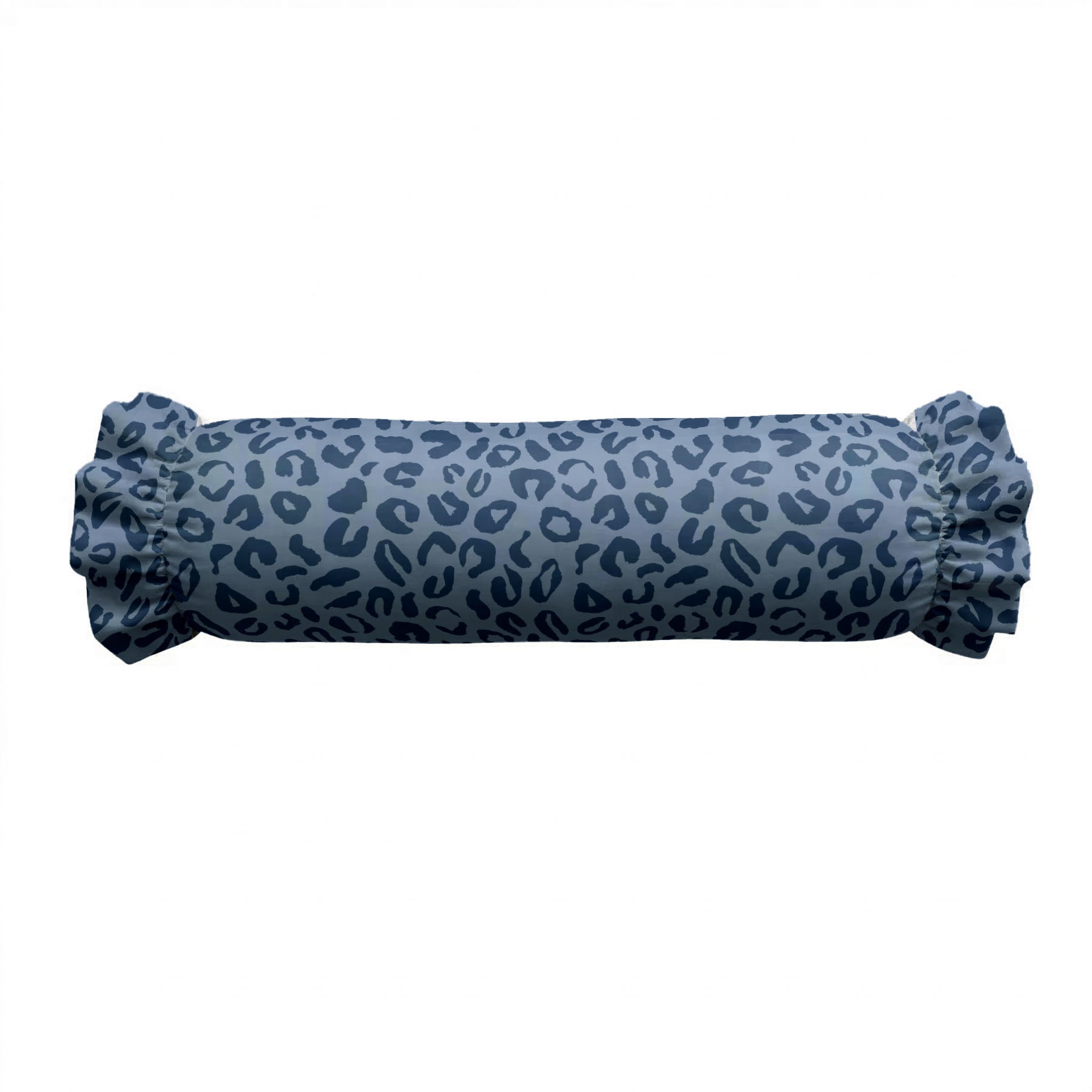 Blue cylindrical pillow with leopard print pattern on a white background