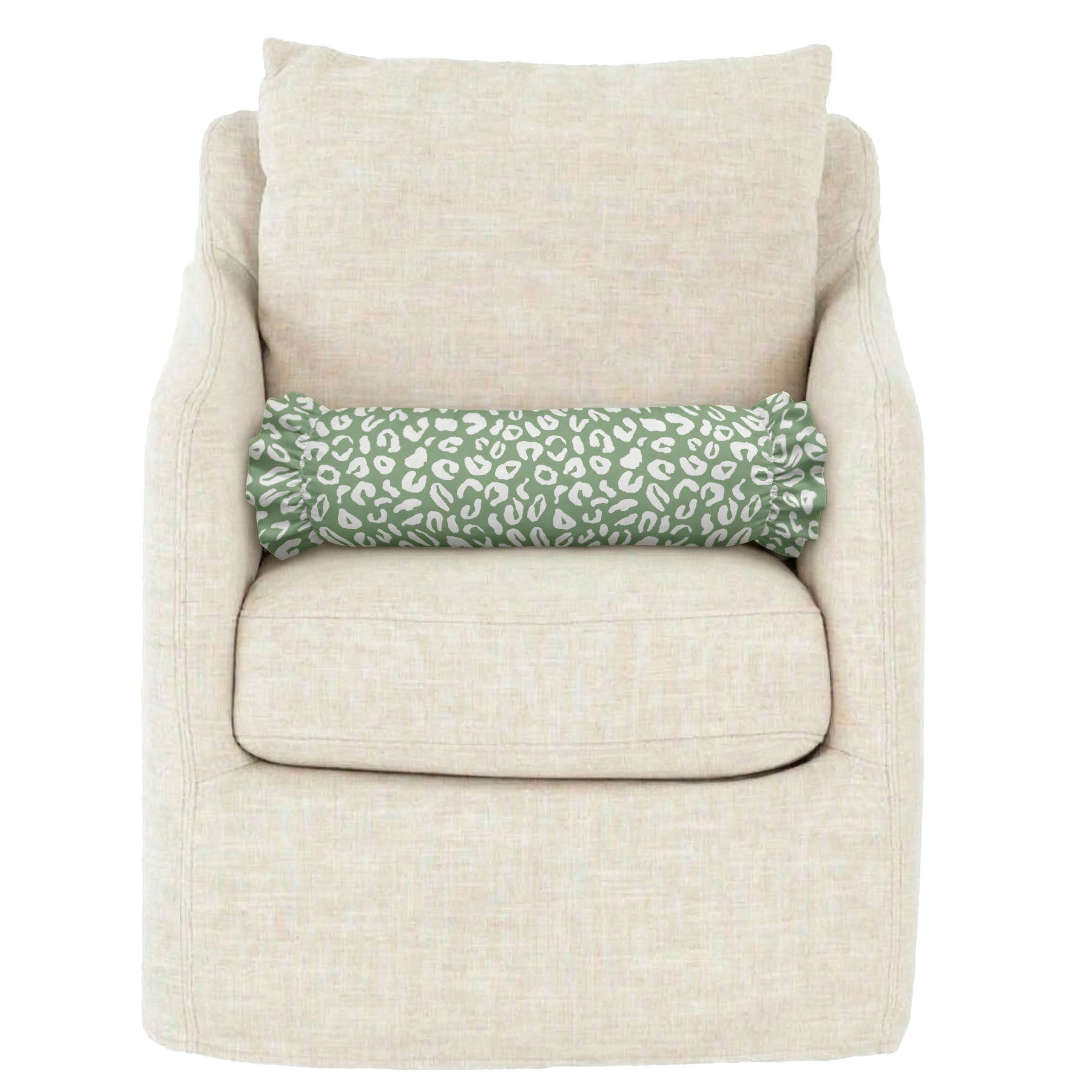 Beige armchair with a floral-patterned pillow on a white background