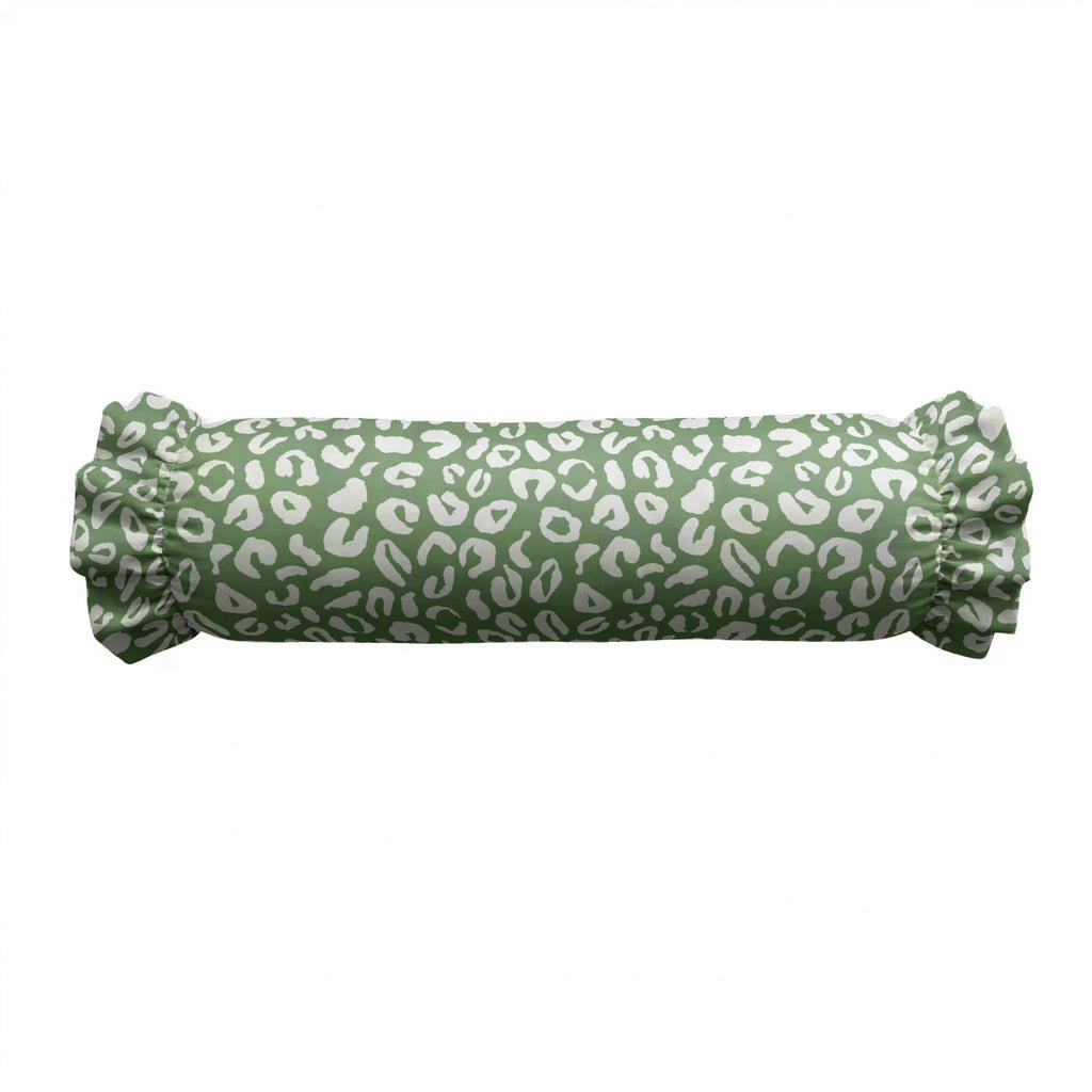 Green cylindrical pillow with white leopard print pattern on a white background