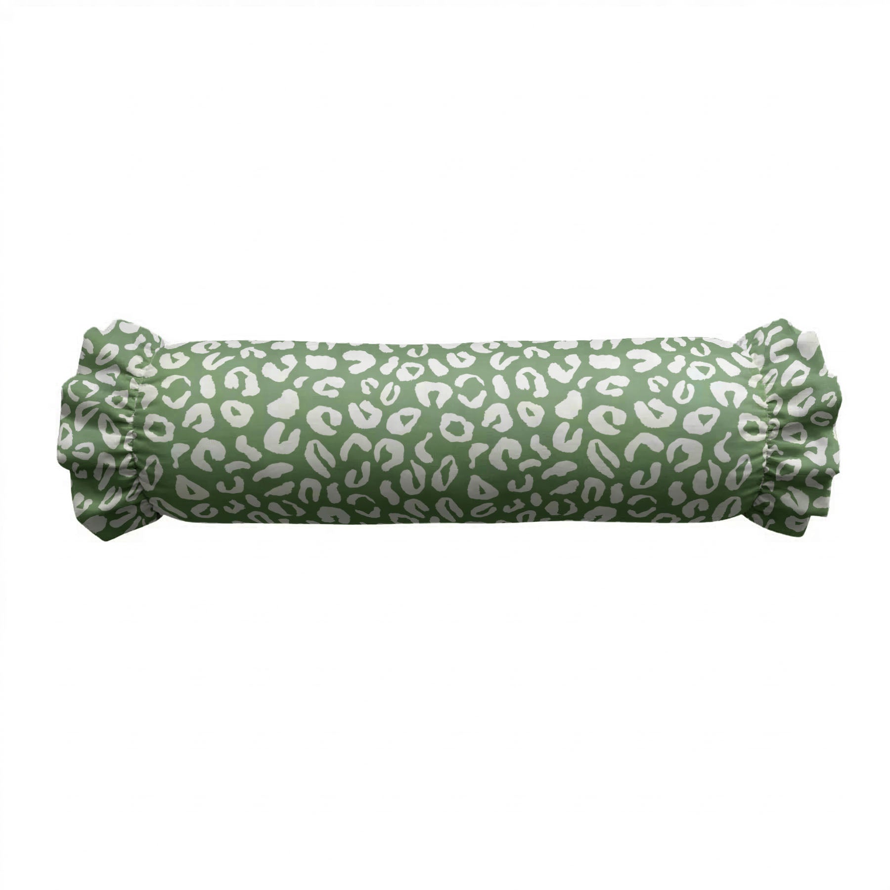 Green cylindrical pillow with white leopard print pattern on a white background