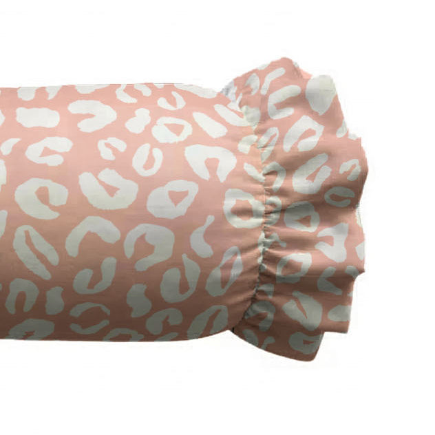Pink fitted sheet with white abstract pattern on a white background