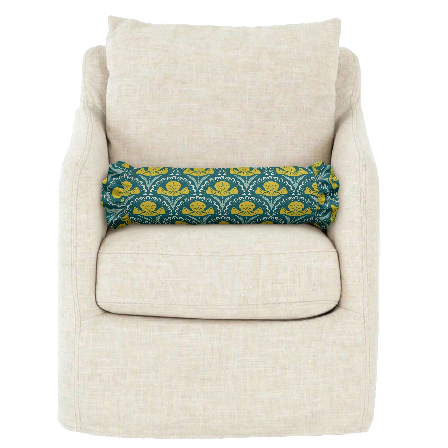 Beige armchair with a decorative pillow featuring blue and yellow patterns on a white background