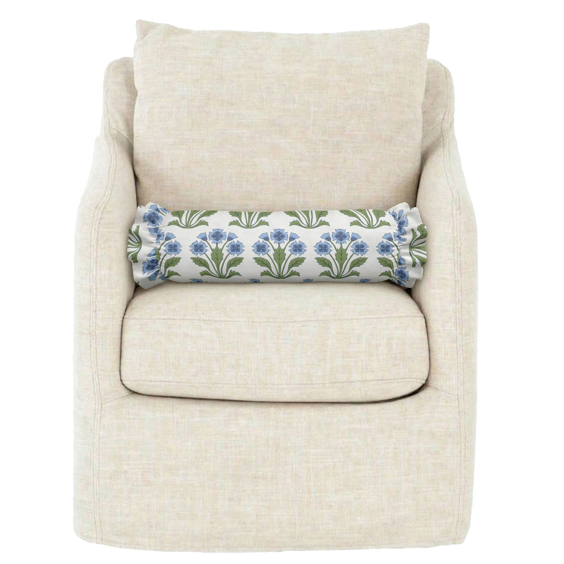 Beige armchair with a floral-patterned pillow on a white background