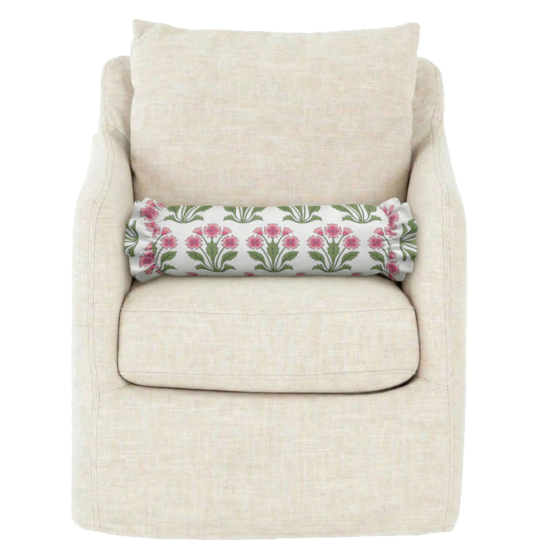 Beige armchair with a floral-patterned pillow on a white background