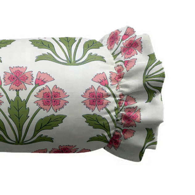 Folded fabric with pink floral and green leaf pattern on a white background