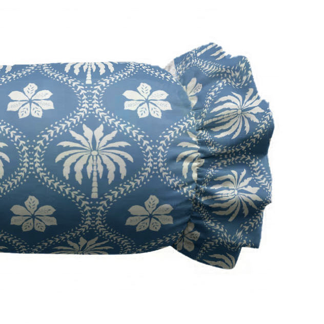 Blue fabric with white floral patterns on a white background