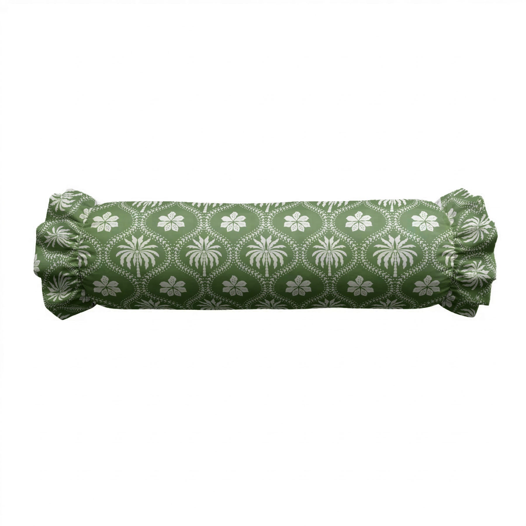 Green cylindrical pillow with white floral pattern on a white background