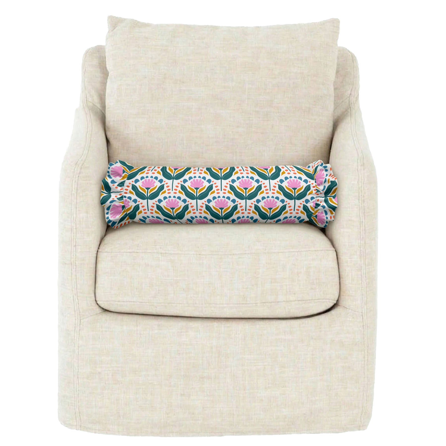 Decorative floral pillow on a beige armchair against a white background