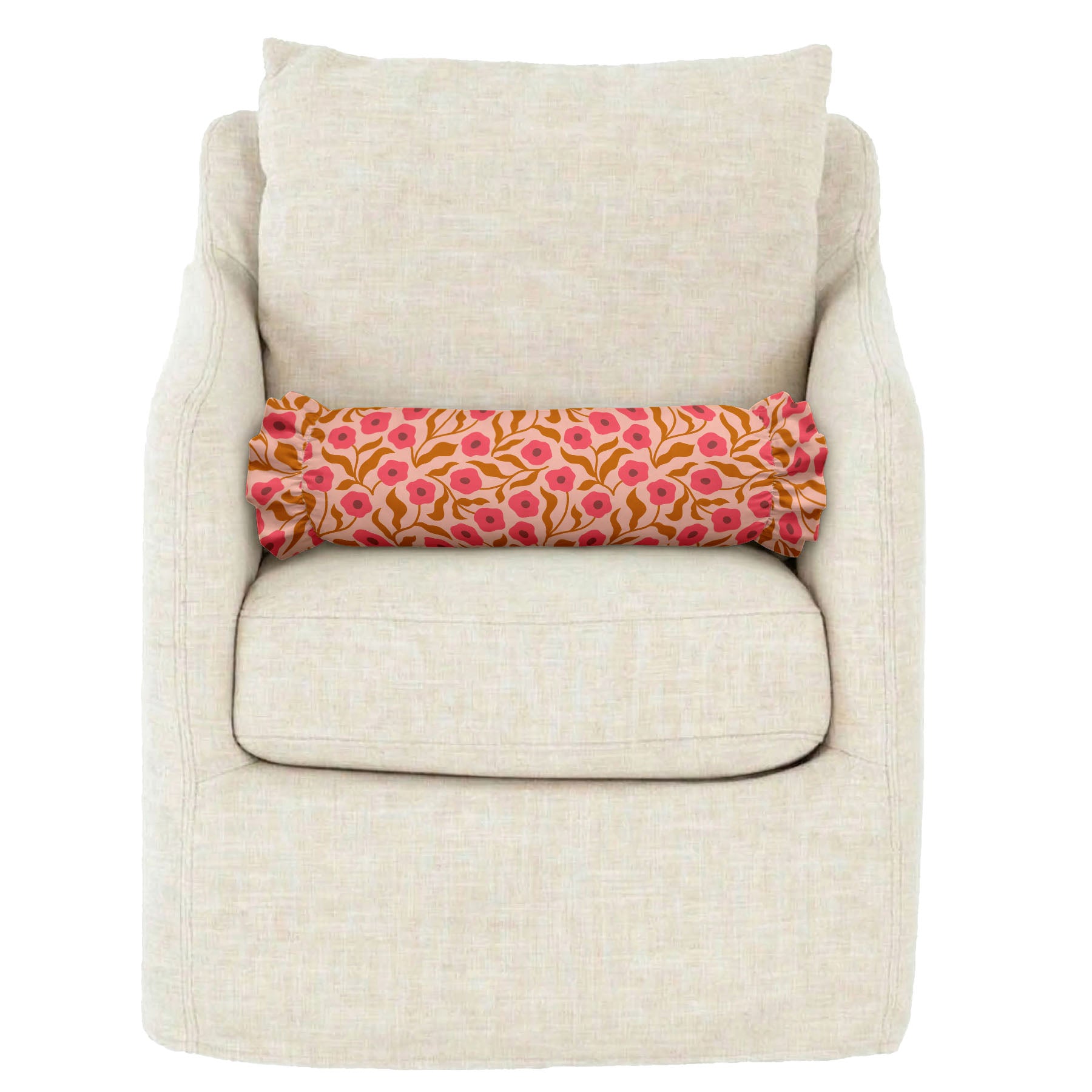 Beige armchair with a floral-patterned cushion on a white background