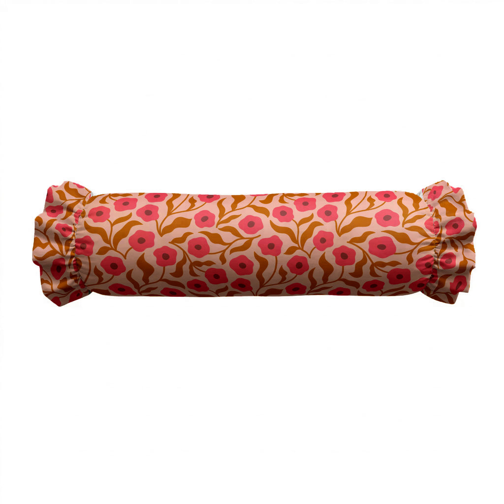 Roll of fabric with pink floral pattern on a white background