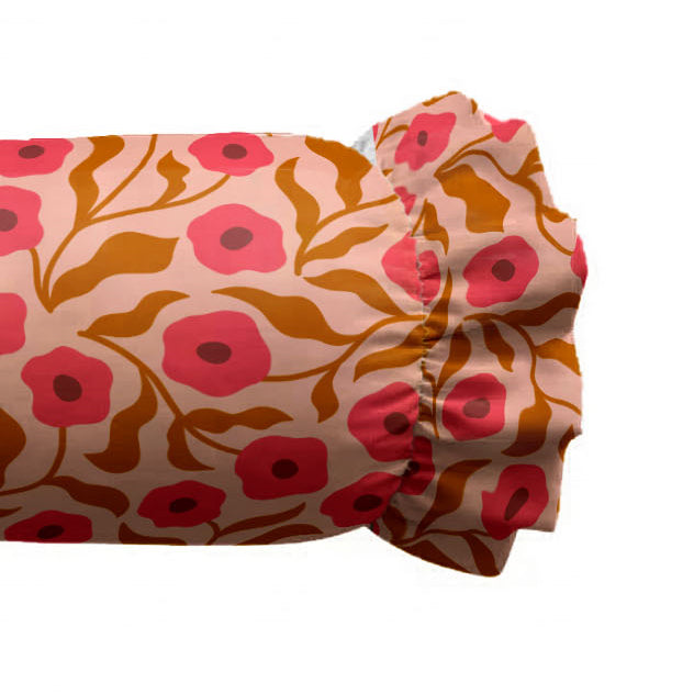 Floral patterned fabric roll with pink and orange flowers on a beige background