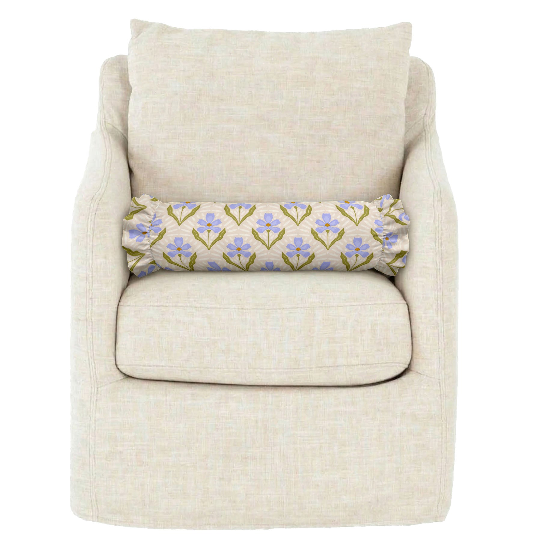 Beige armchair with a floral-patterned pillow on a white background