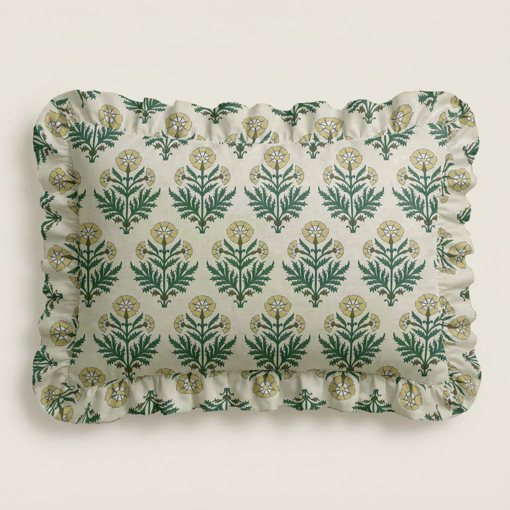 Fabric swatch with green floral pattern on a white background