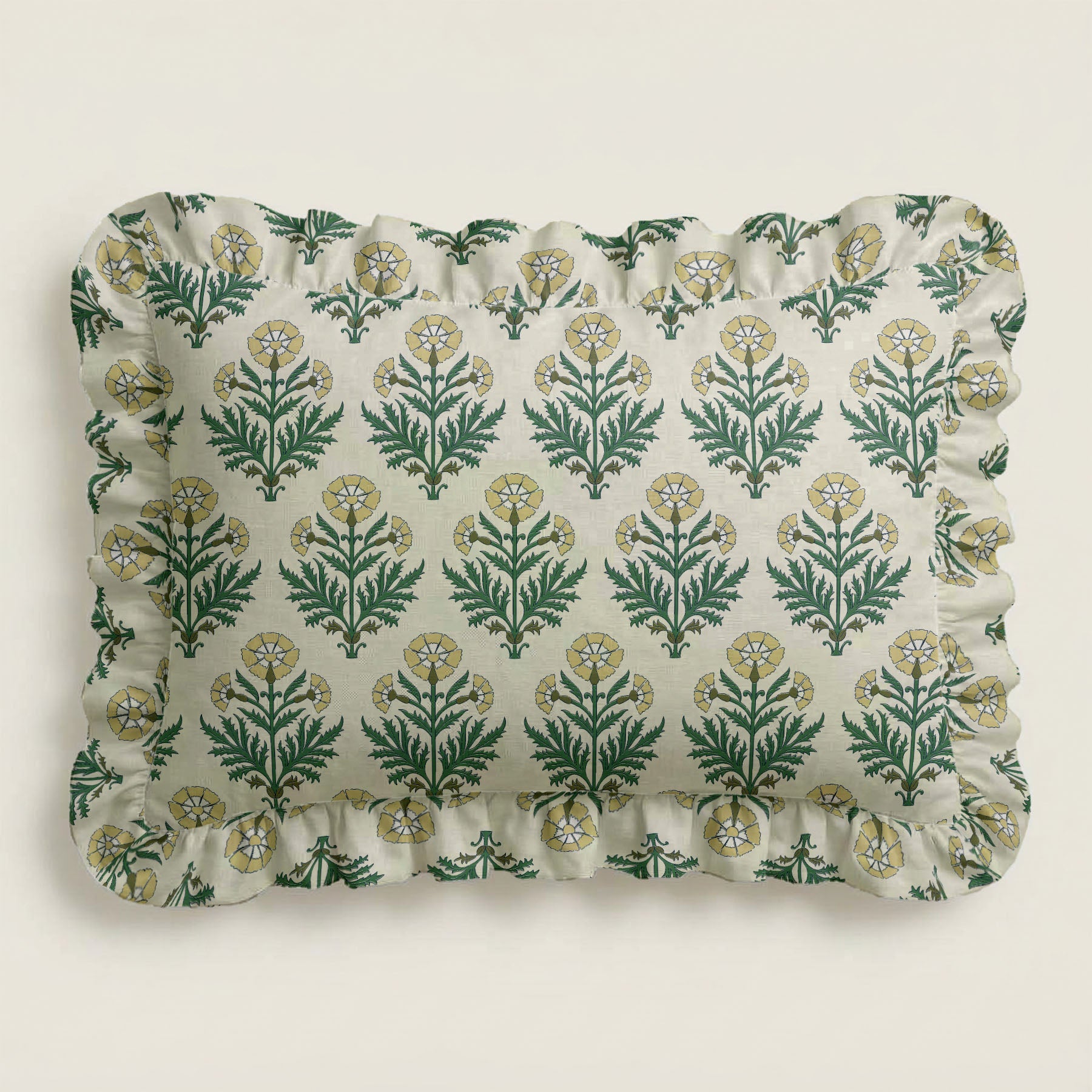 Fabric swatch with green floral pattern on a white background