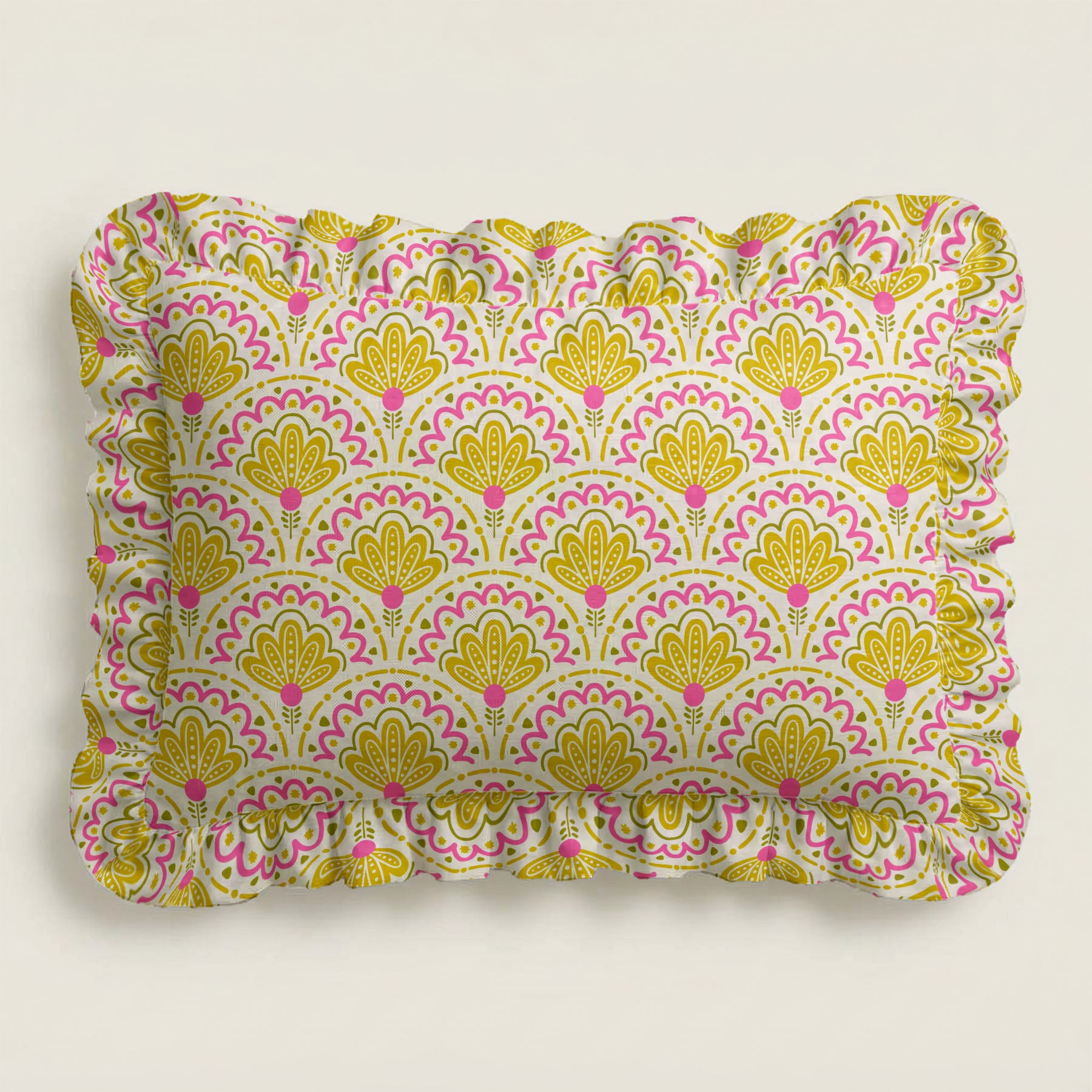 Patterned fabric with yellow and pink design on a light gray background