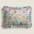 Colorful patterned tray with text and graphics on a light background
