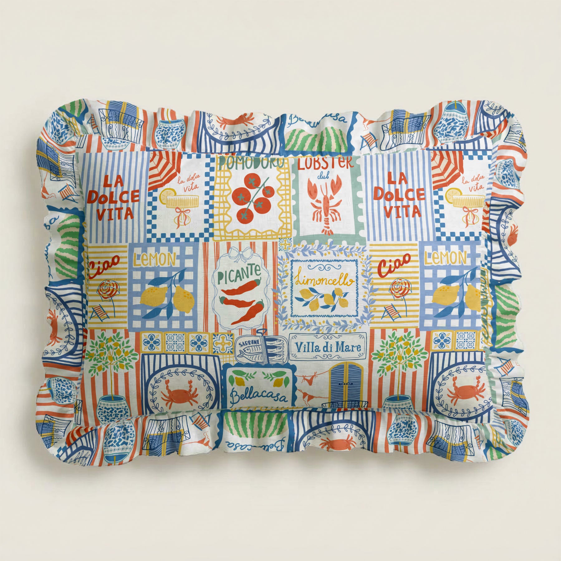 Colorful patterned tray with text and graphics on a light background