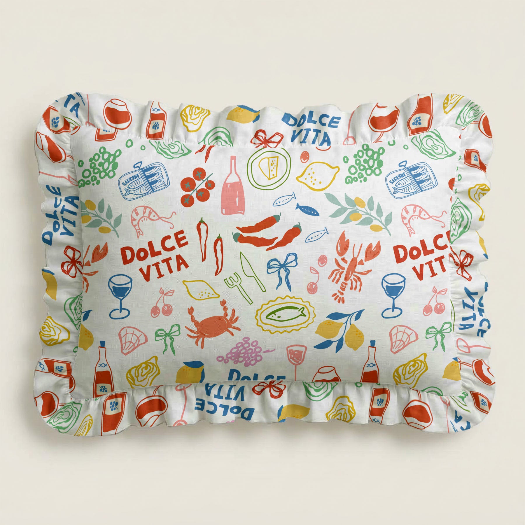 Colorful pillowcase with 'Dolce Vita' and Italian-themed illustrations on a white background