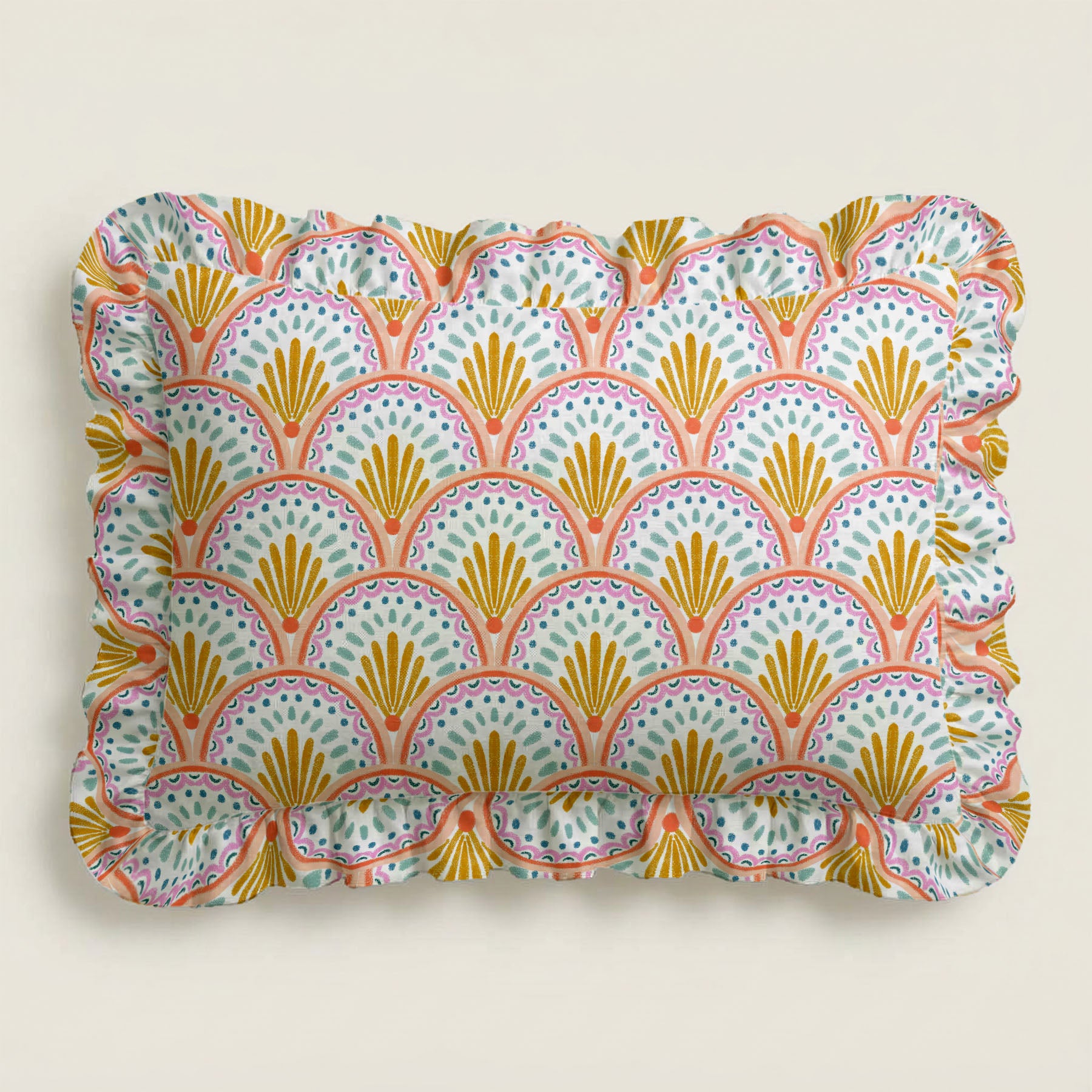 Decorative tray with a colorful shell pattern on a beige background