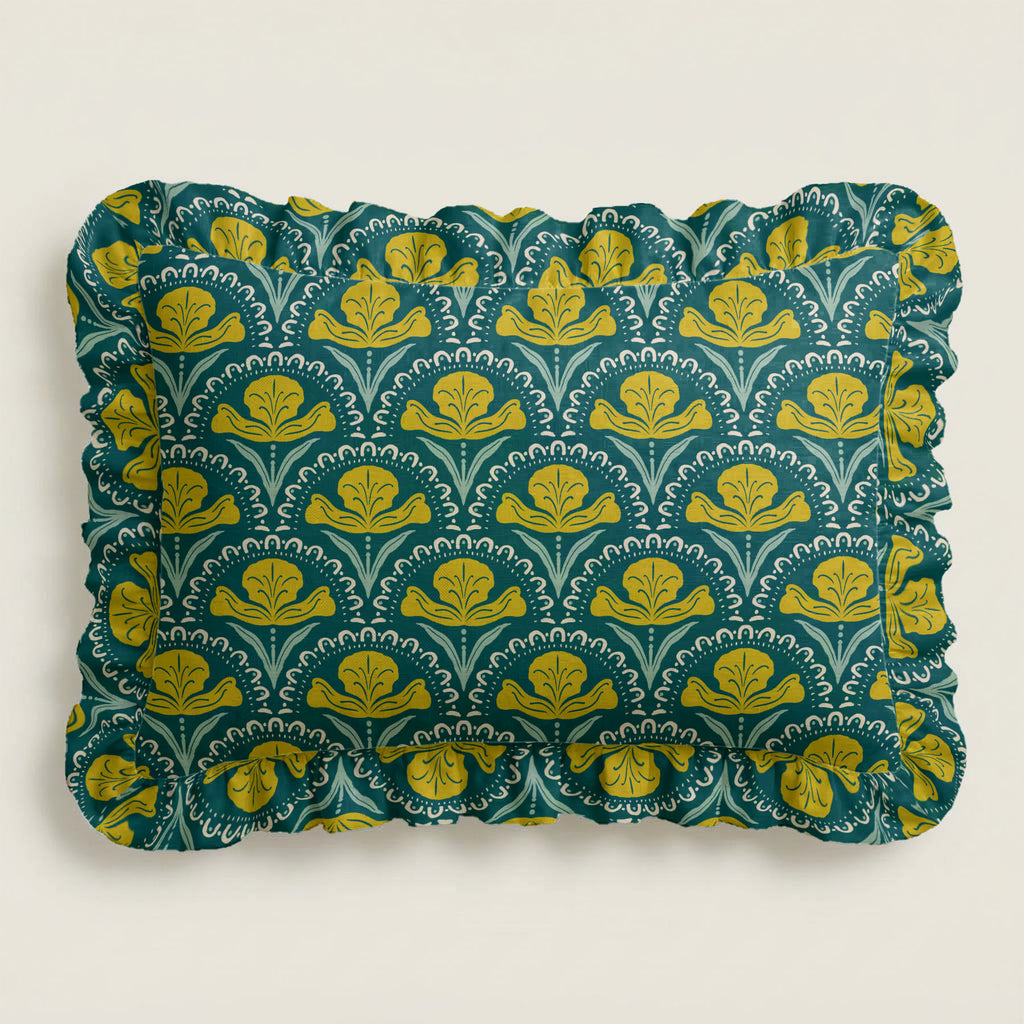 Fabric swatch with green and yellow floral pattern on a white background