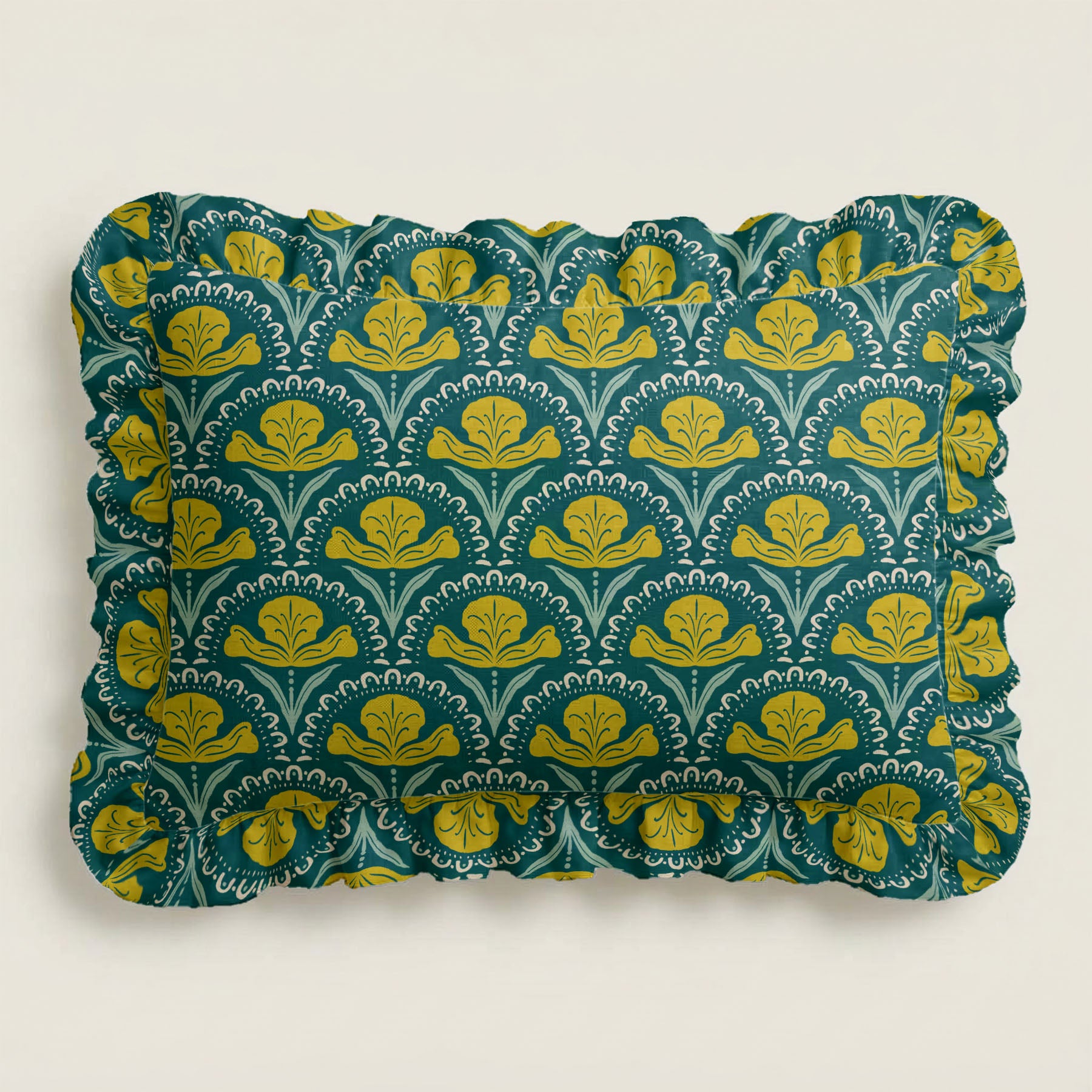 Fabric swatch with green and yellow floral pattern on a white background