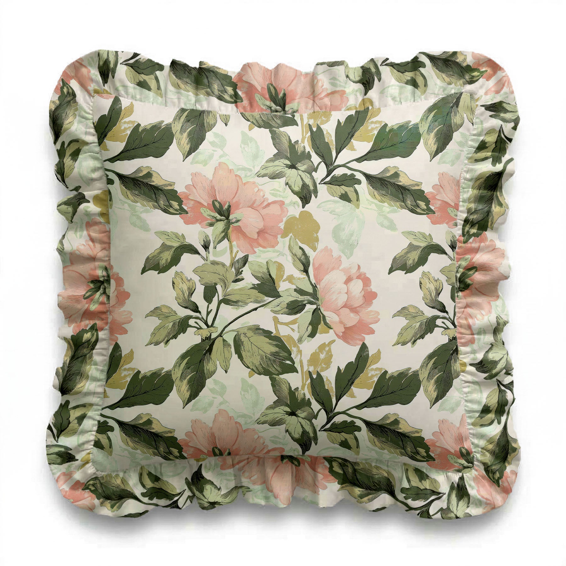 Floral patterned cushion with ruffled edges on a white background