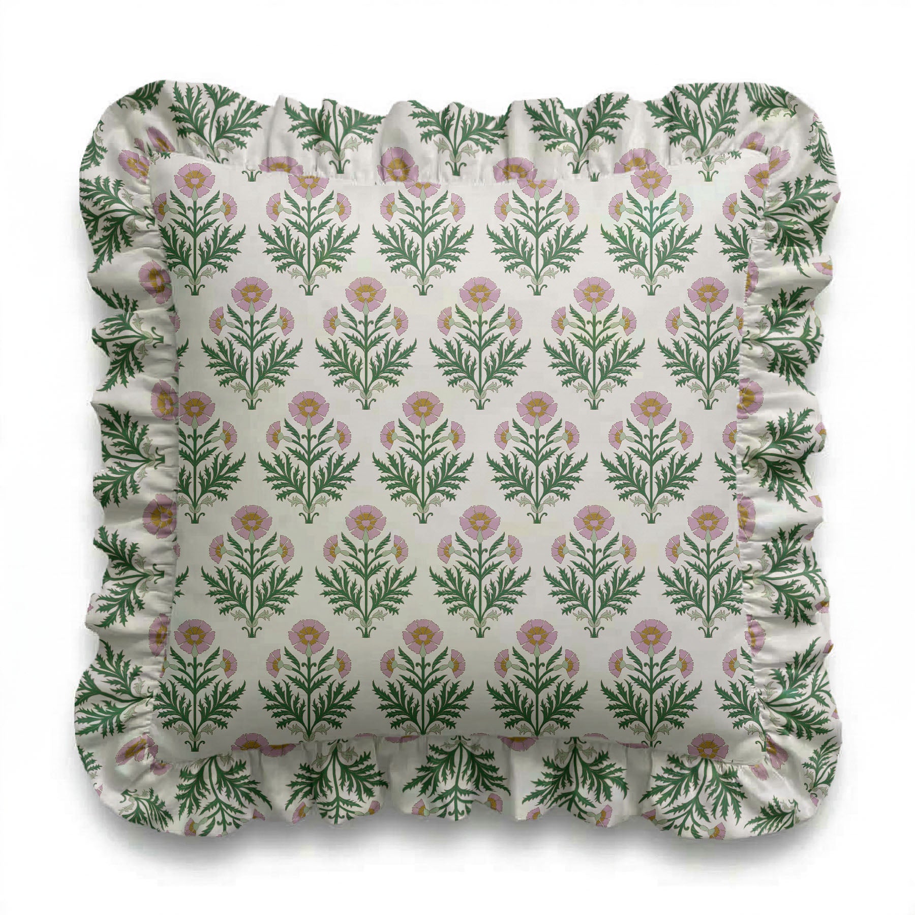 Floral patterned cushion with ruffled edge on a white background
