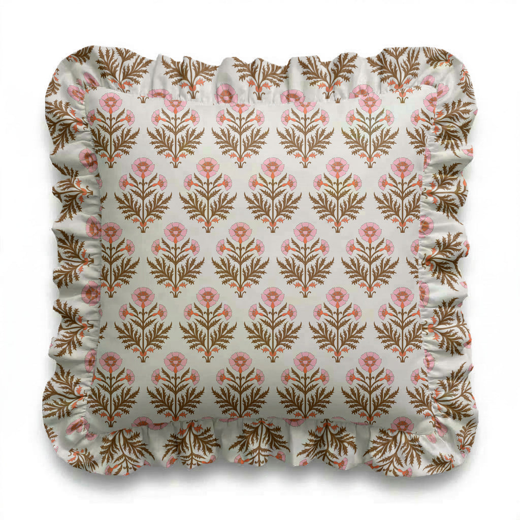 Floral patterned cushion cover on a white background